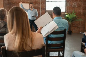 Adult students taking notes in a classroom session