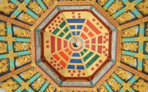 Painted octagonal ceiling with a bagua pattern around a yin-yang centre