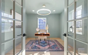 Home office desk placed to face the doorway