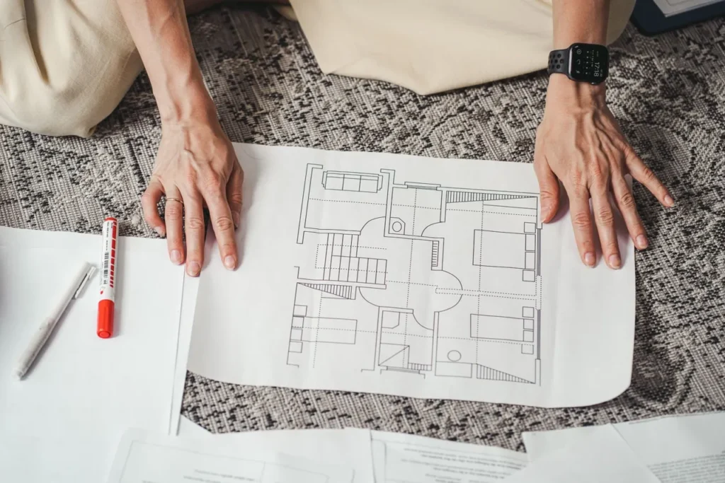 Hands resting on a printed home floor plan