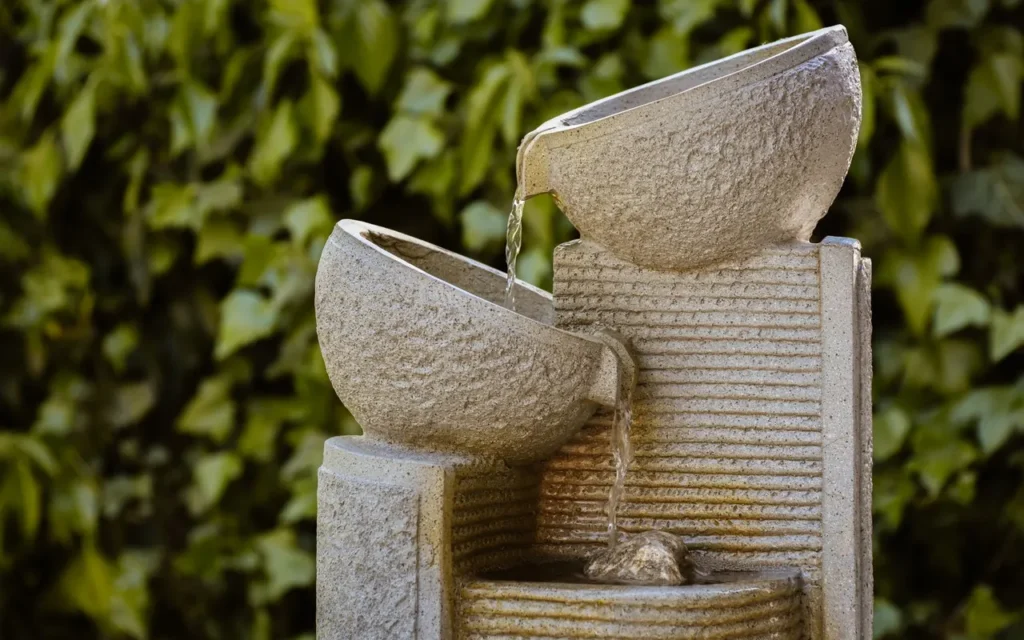 Small tiered stone fountain among garden greenery